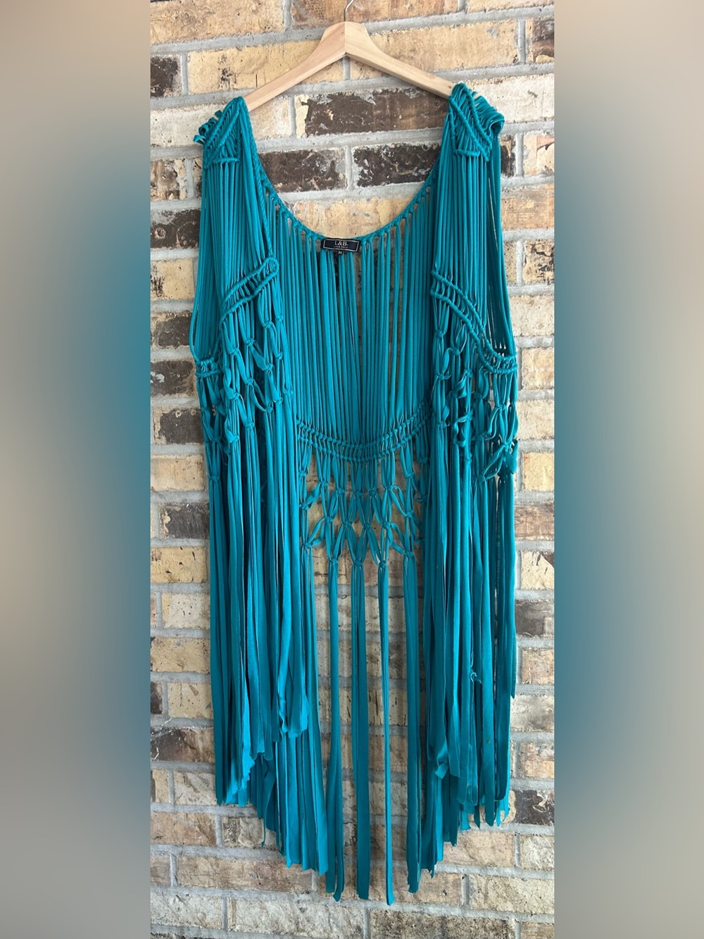 L&B Lucky & Blessed Boho Teal Blue Fringe Open Front‎ Longline Braided Duster 3X